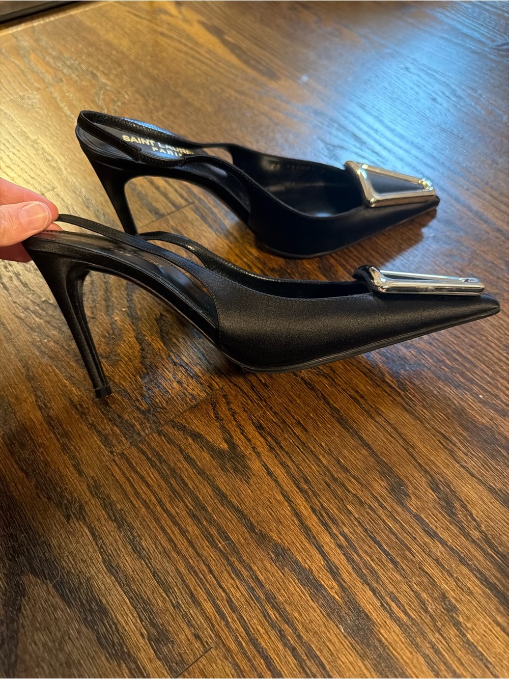 Saint Laurent Black Pointed Slingback Pumps with Silver Trim - Picture 13 of 15